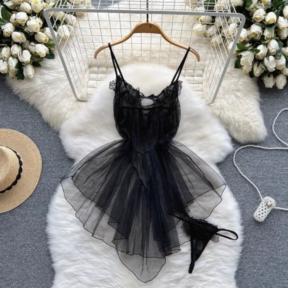 Fashion V Neck See Through Lace Nightdress Irregular Hem Flounce Sling Night Dress Lingerie Bowknot Lace Mesh Nightgown Sleep