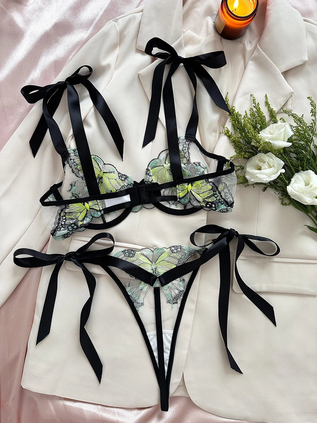 Butterfly Lingerie Set Sexy Hot Sheer Mesh Embroidery Bra & Panty