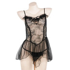 Fashion V Neck See Through Lace Nightdress Irregular Hem Flounce Sling Night Dress Lingerie Bowknot Lace Mesh Nightgown Sleep