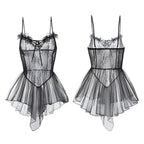 Fashion V Neck See Through Lace Nightdress Irregular Hem Flounce Sling Night Dress Lingerie Bowknot Lace Mesh Nightgown Sleep
