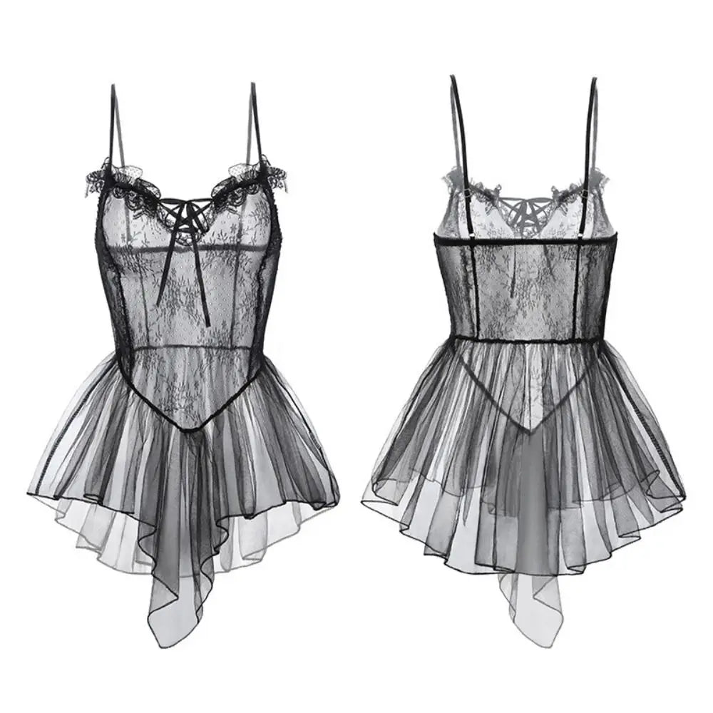 Fashion V Neck See Through Lace Nightdress Irregular Hem Flounce Sling Night Dress Lingerie Bowknot Lace Mesh Nightgown Sleep