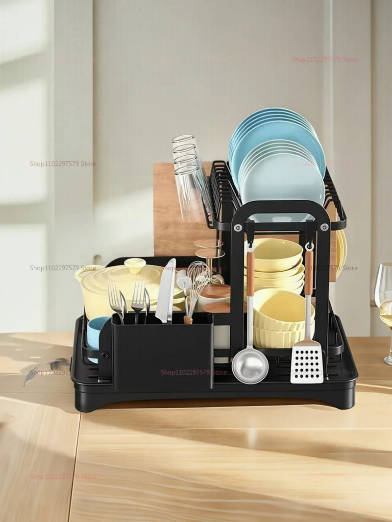 2-Tier Dish Drying Rack with Drainage Basket – Expandable Kitchen Sink Organizer