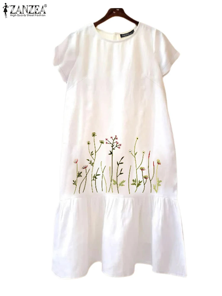 ZANZEA Floral Embroidery Dress - Short Sleeve ZANZEA