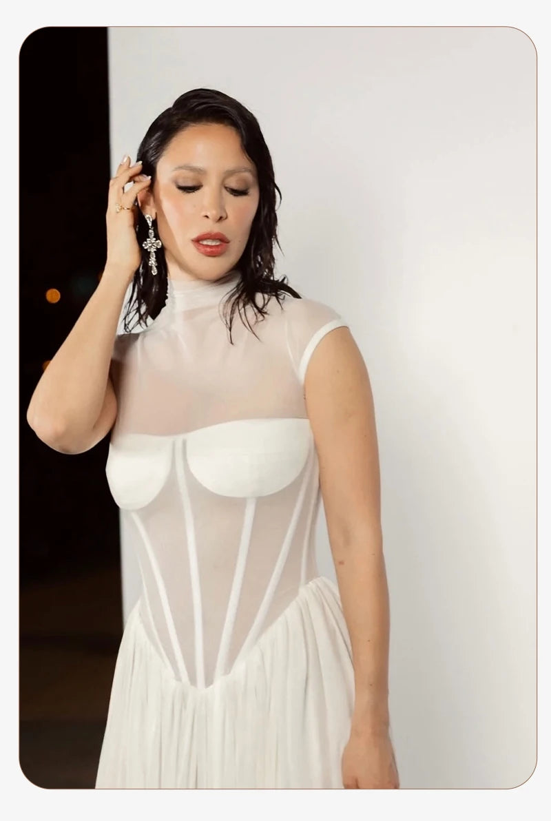 Elegant White Sheer Illusion Dress with Tulle Skirt–Temperament Sleeveless