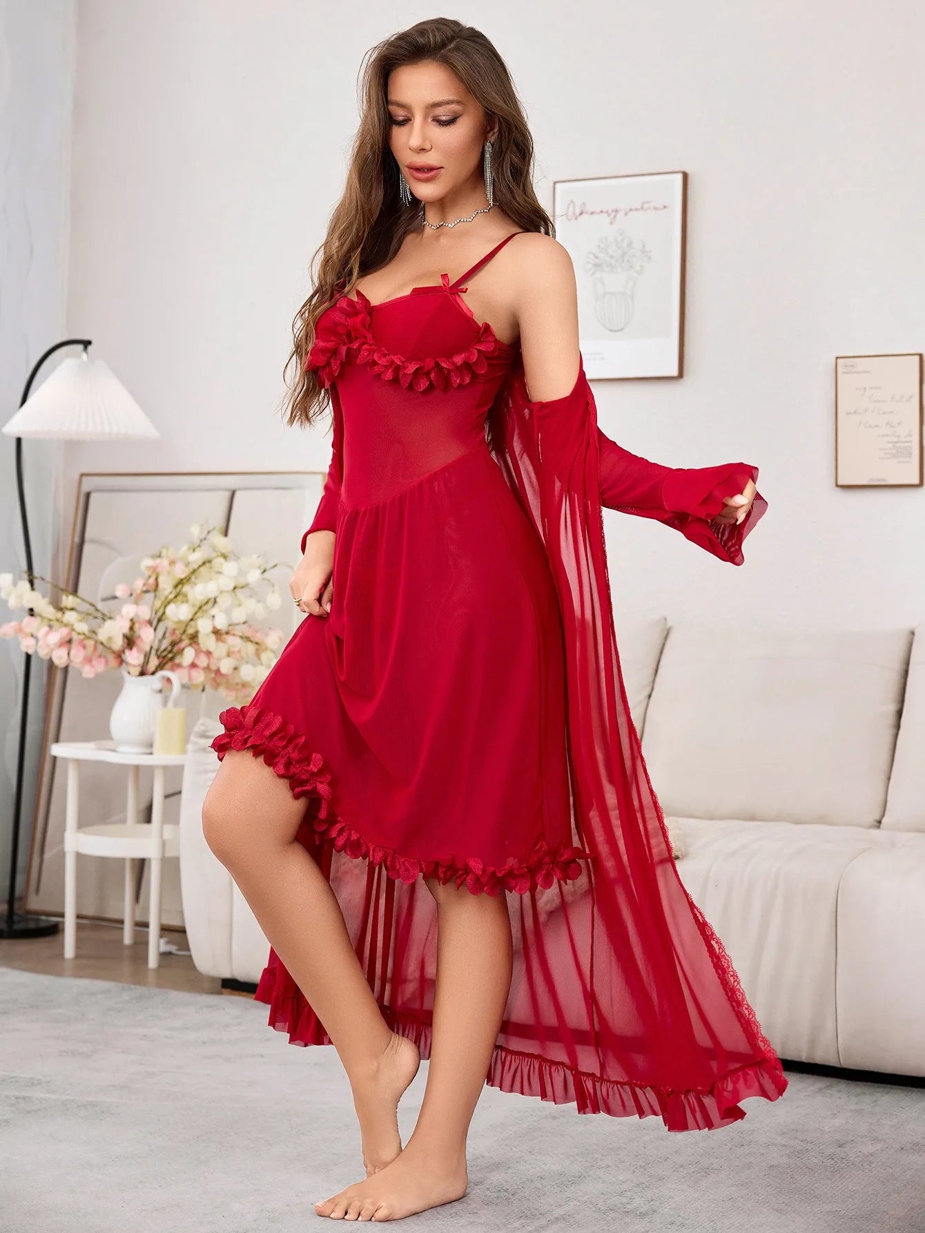 ‌Sheer Mesh Robe Set - Flared Sleeve Long Nightgown with G-string, Elegant Loungewear