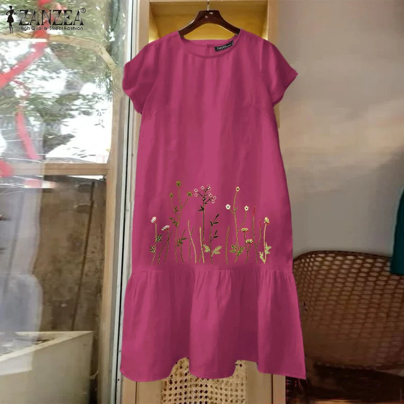 ZANZEA Floral Embroidery Dress - Short Sleeve