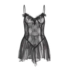 Fashion V Neck See Through Lace Nightdress Irregular Hem Flounce Sling Night Dress Lingerie Bowknot Lace Mesh Nightgown Sleep