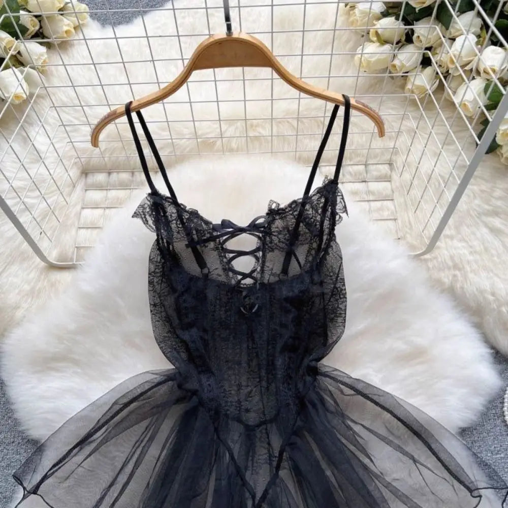 Fashion V Neck See Through Lace Nightdress Irregular Hem Flounce Sling Night Dress Lingerie Bowknot Lace Mesh Nightgown Sleep