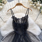 Fashion V Neck See Through Lace Nightdress Irregular Hem Flounce Sling Night Dress Lingerie Bowknot Lace Mesh Nightgown Sleep