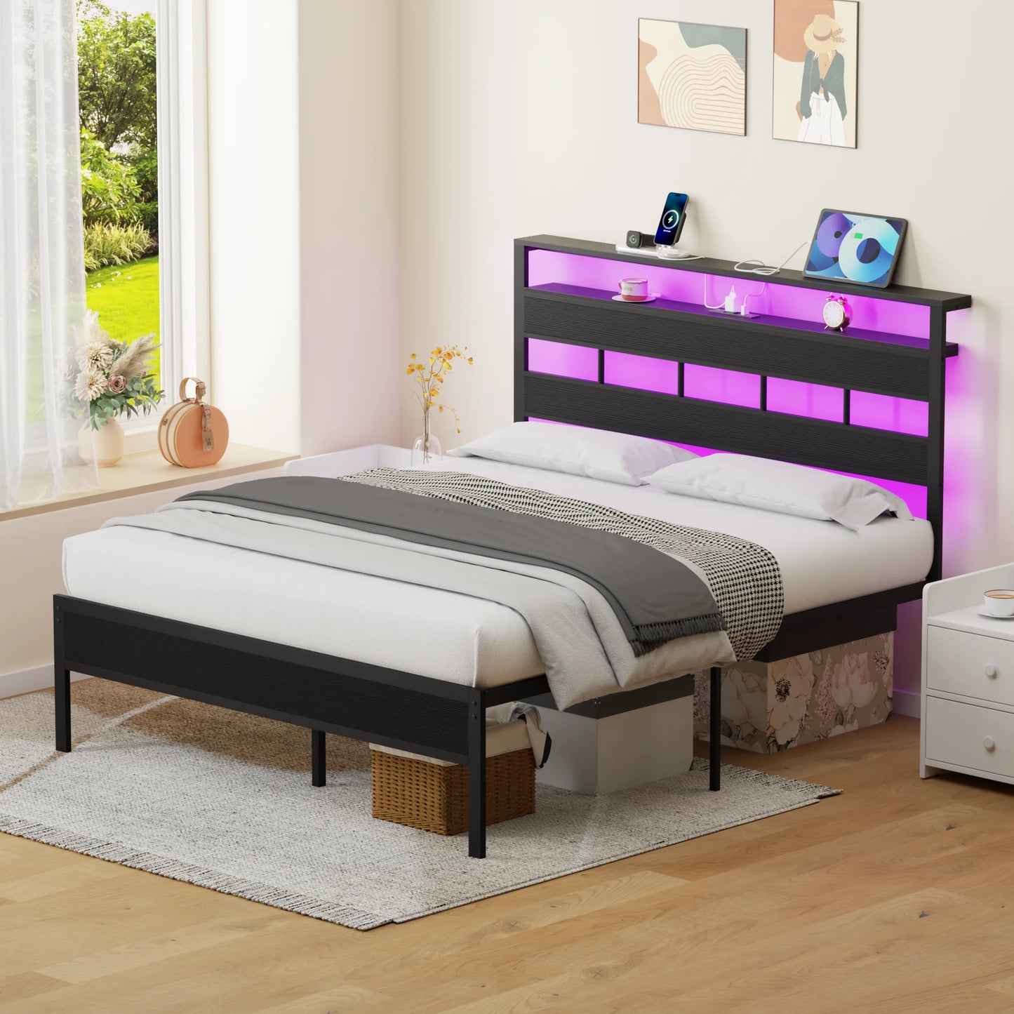 Satifur Full/Queen Size Bed Frame with LED Light and Charging Station