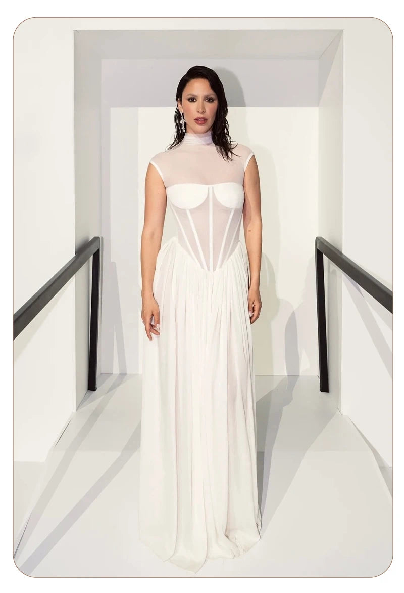 Elegant White Sheer Illusion Dress with Tulle Skirt–Temperament Sleeveless