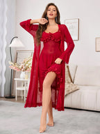 ‌Sheer Mesh Robe Set - Flared Sleeve Long Nightgown with G-string, Elegant Loungewear