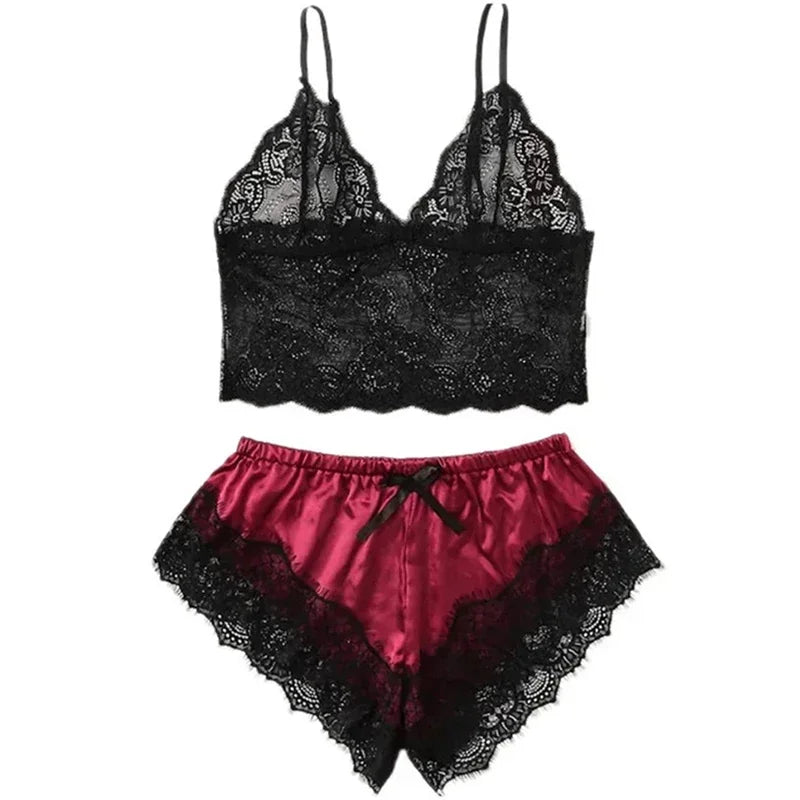 Sexy Womens Lace Sleepwear Lace Nachtkleding Lingerie Sleeveless V-Neck Babydoll Pajamas Set Lingerie Tops Shorts Set Nightwear