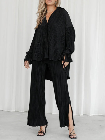 Women's Two-Piece Outfit - V-Neck Top & Wide Leg Pants