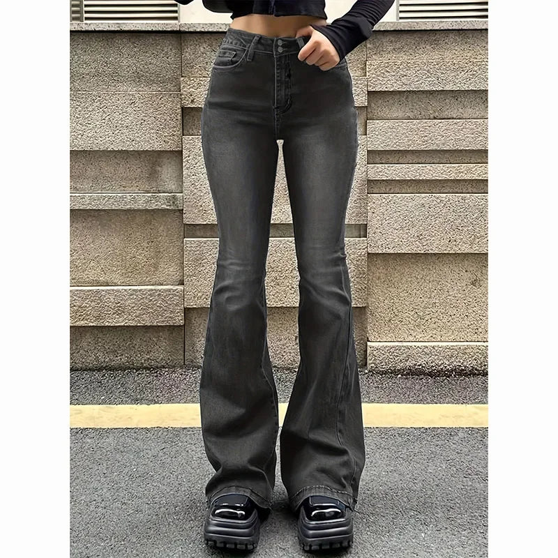 Women's Straight Denim Jeans - Mid Waist Distressed
