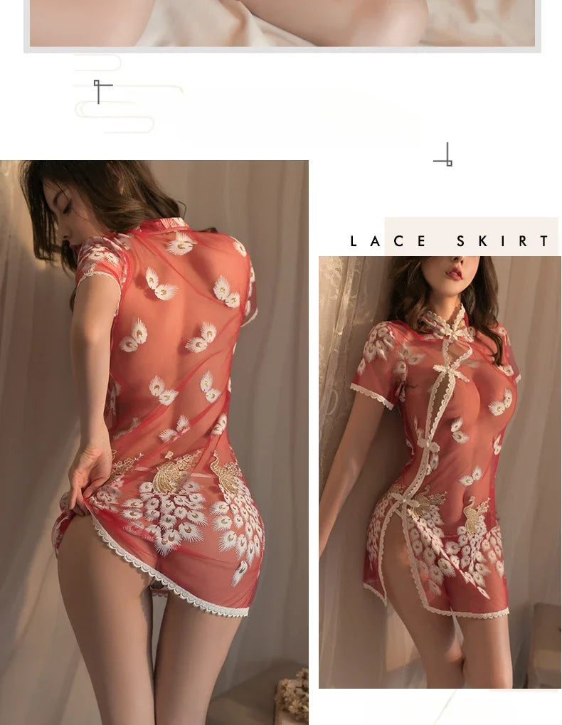 Sexy Lingerie Women Sexy Uniform Set Mesh Cheongsam Cosplay
