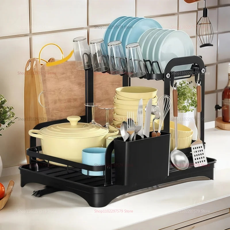 2-Tier Dish Drying Rack with Drainage Basket – Expandable Kitchen Sink Organizer