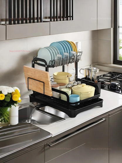 2-Tier Dish Drying Rack with Drainage Basket – Expandable Kitchen Sink Organizer