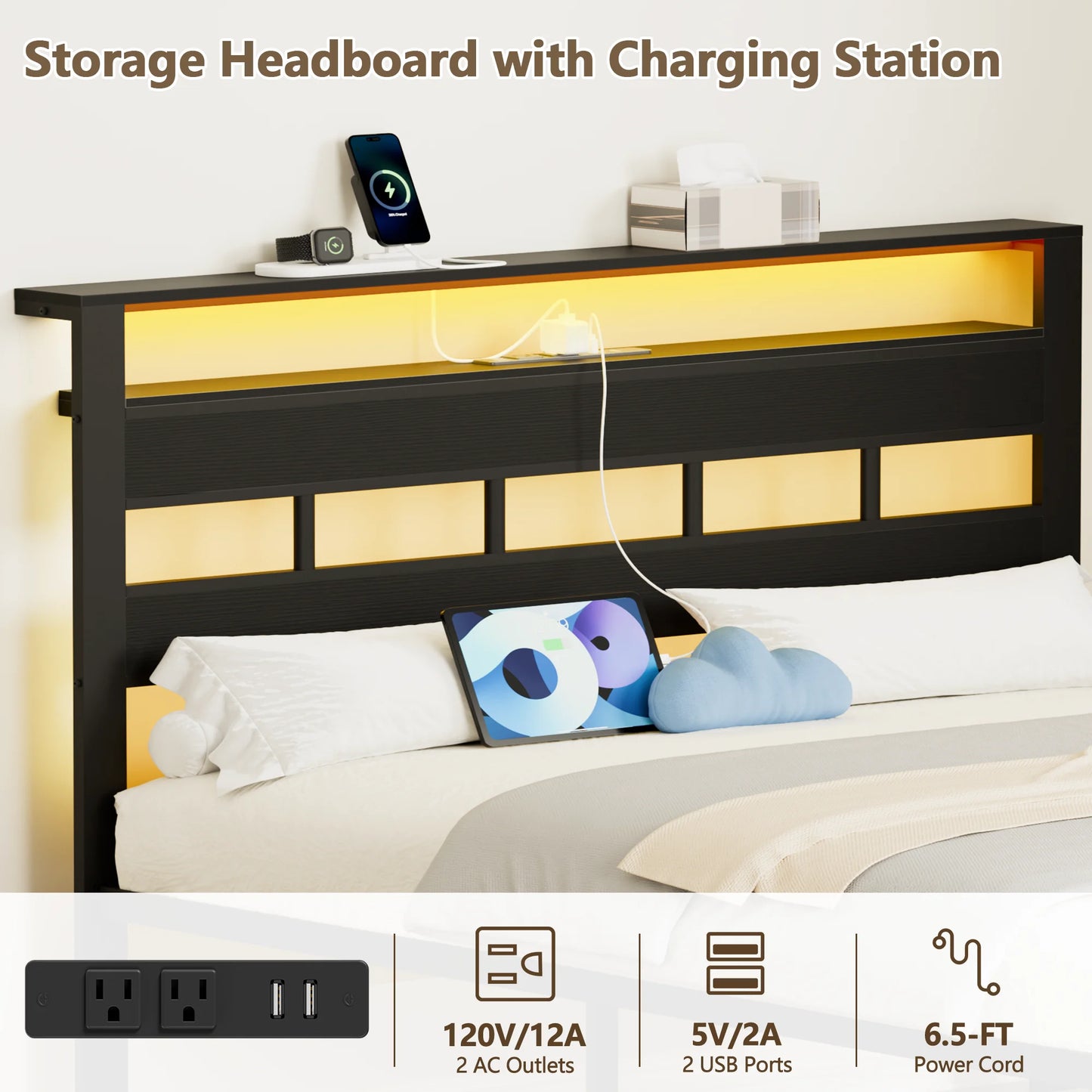 Satifur Full/Queen Size Bed Frame with LED Light and Charging Station