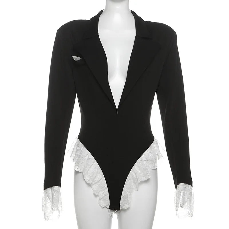 Lace Fashion Suit Jumpsuit Female Blazer Body Top V-Neck Slim Long Sleeve Sexy Cardigan Streetwear Women Black Rompers New