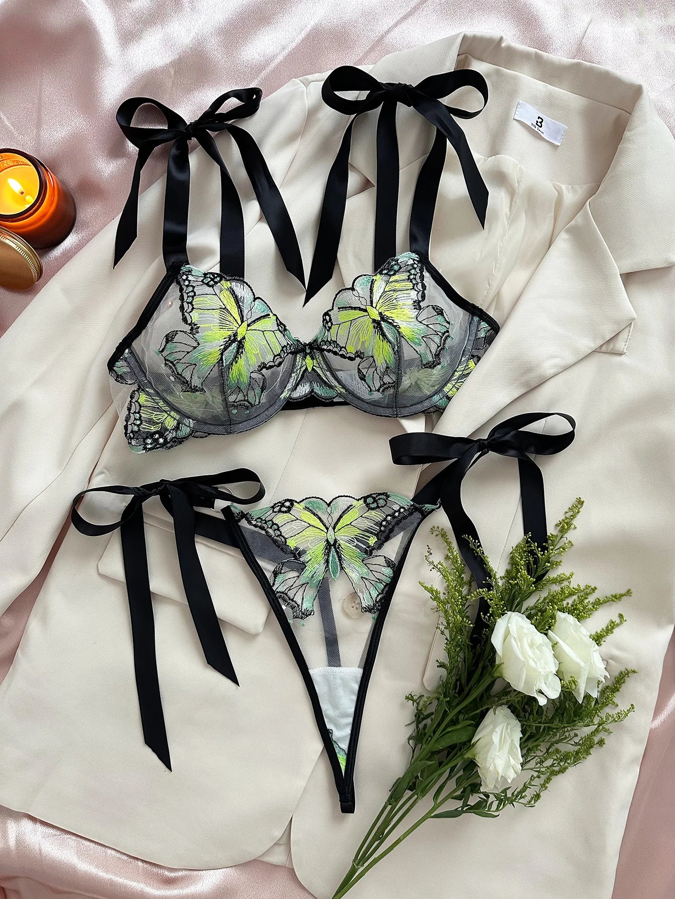 Butterfly Lingerie Set Sexy Hot Sheer Mesh Embroidery Bra & Panty