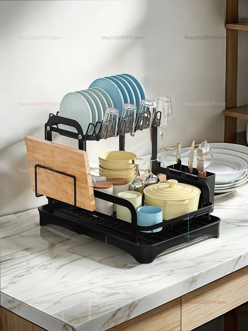 2-Tier Dish Drying Rack with Drainage Basket – Expandable Kitchen Sink Organizer