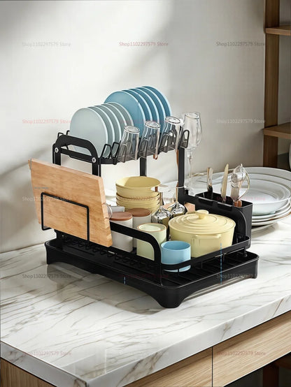 2-Tier Dish Drying Rack with Drainage Basket – Expandable Kitchen Sink Organizer