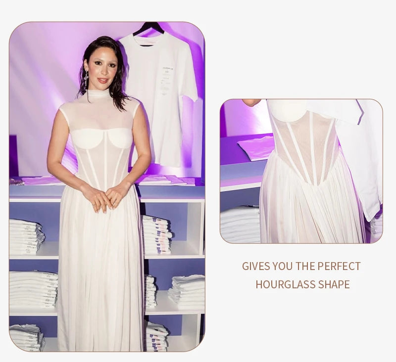 Elegant White Sheer Illusion Dress with Tulle Skirt–Temperament Sleeveless
