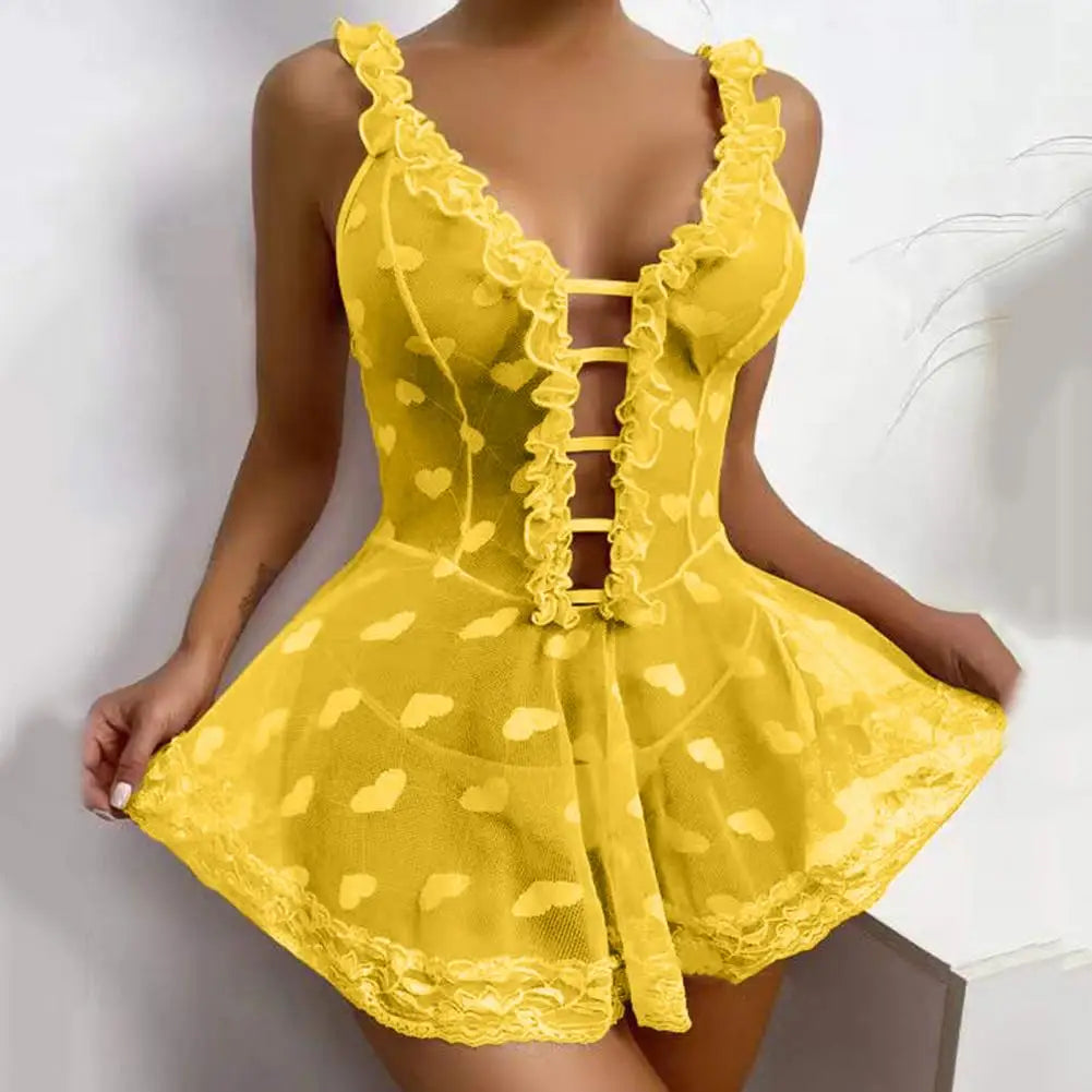 Chemise Women Night Dress Sleeveless Transparent Deep V Neck Love Heart Pattern Women Sexy Women Nightgown Sweet Slip Dress