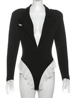 Lace Fashion Suit Jumpsuit Female Blazer Body Top V-Neck Slim Long Sleeve Sexy Cardigan Streetwear Women Black Rompers New