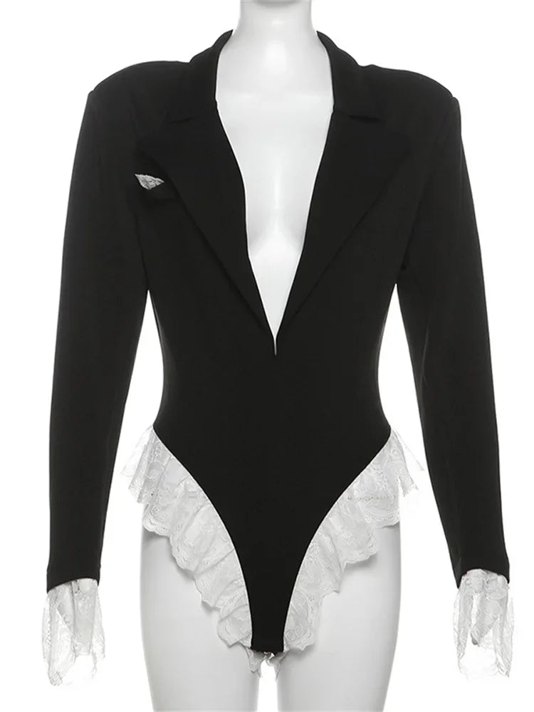 Lace Fashion Suit Jumpsuit Female Blazer Body Top V-Neck Slim Long Sleeve Sexy Cardigan Streetwear Women Black Rompers New