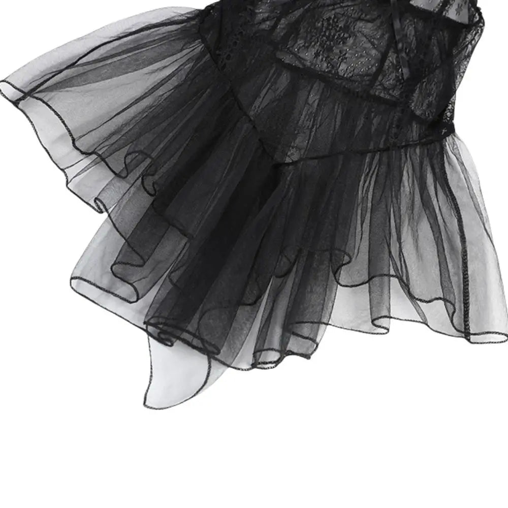 Fashion V Neck See Through Lace Nightdress Irregular Hem Flounce Sling Night Dress Lingerie Bowknot Lace Mesh Nightgown Sleep