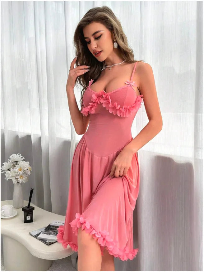 ‌Sheer Mesh Robe Set - Flared Sleeve Long Nightgown with G-string, Elegant Loungewear