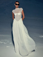 Elegant White Sheer Illusion Dress with Tulle Skirt–Temperament Sleeveless