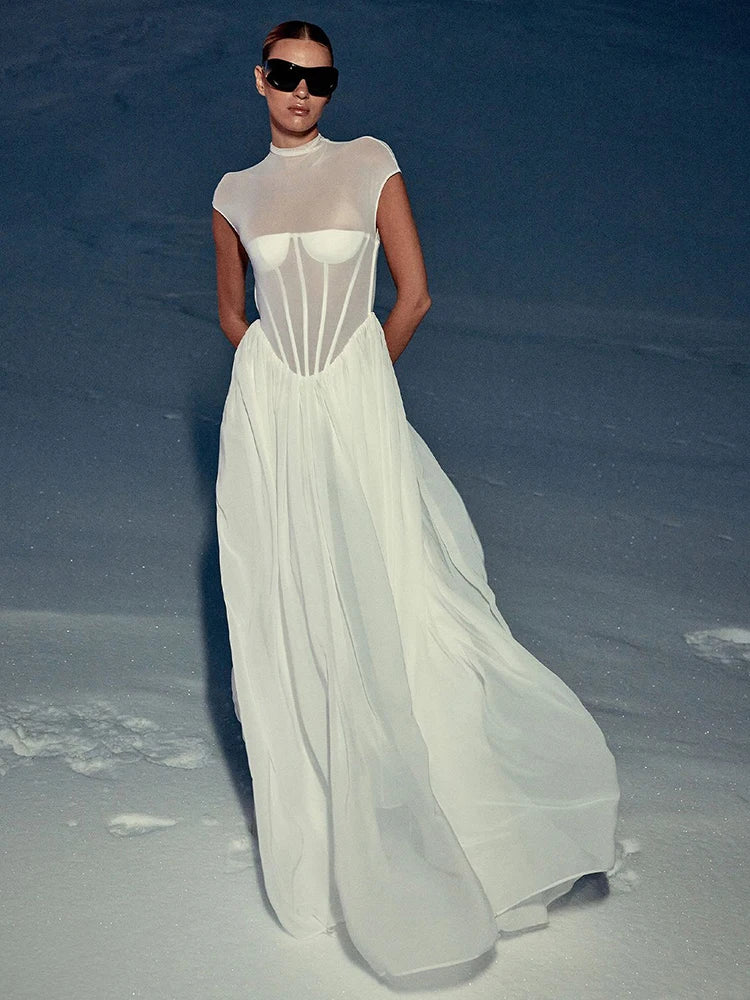Elegant White Sheer Illusion Dress with Tulle Skirt–Temperament Sleeveless