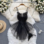 Fashion V Neck See Through Lace Nightdress Irregular Hem Flounce Sling Night Dress Lingerie Bowknot Lace Mesh Nightgown Sleep