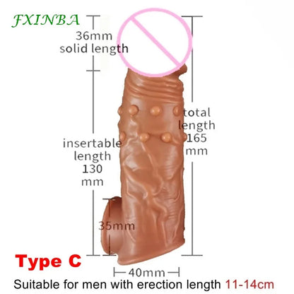 Realistic Penis Sleeve Extender Long Reusable Condom