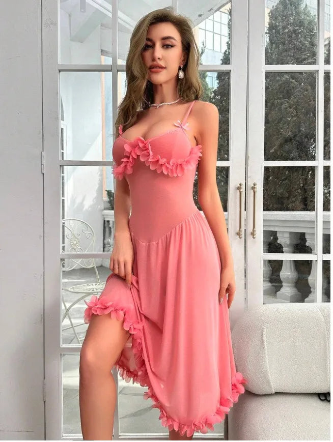 ‌Sheer Mesh Robe Set - Flared Sleeve Long Nightgown with G-string, Elegant Loungewear