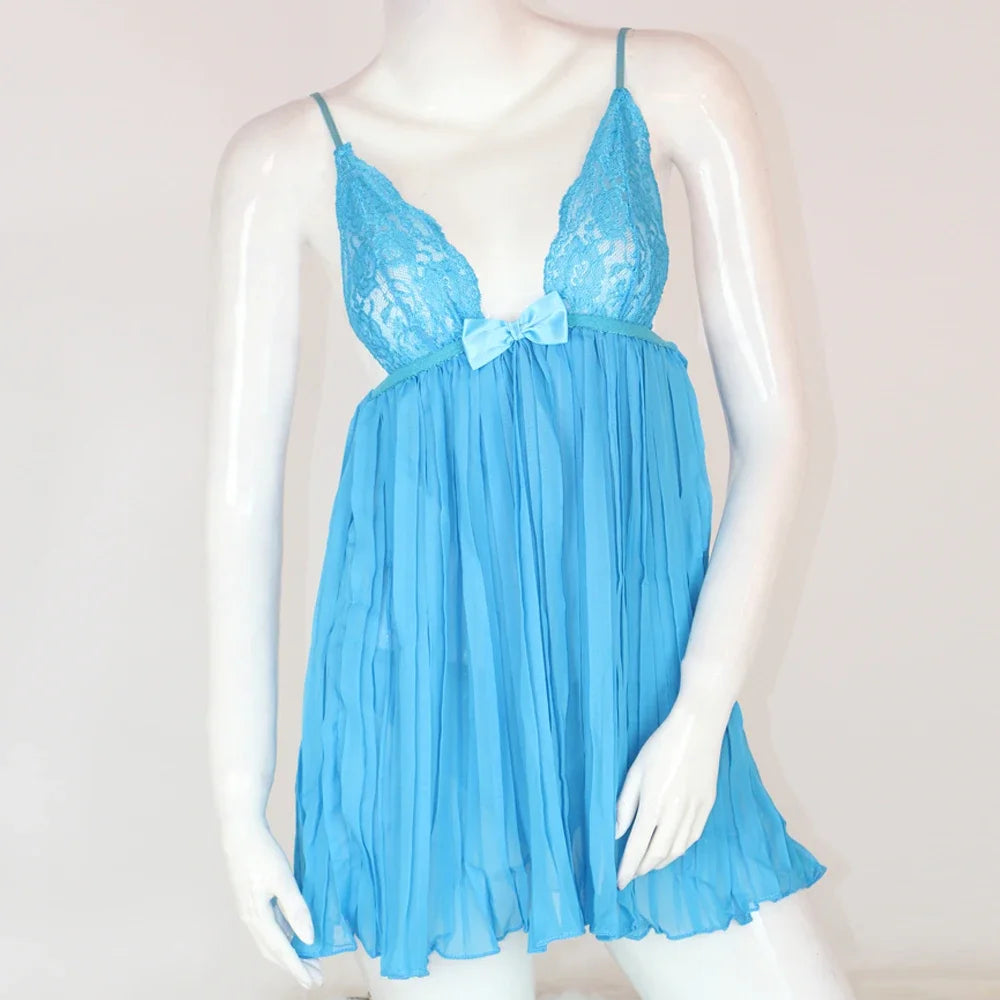 Sheer Pleated Babydoll Elegant Female Sexy Sling Lace Nightgown