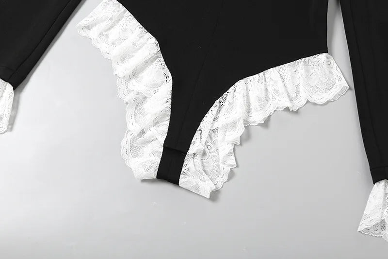 Lace Fashion Suit Jumpsuit Female Blazer Body Top V-Neck Slim Long Sleeve Sexy Cardigan Streetwear Women Black Rompers New
