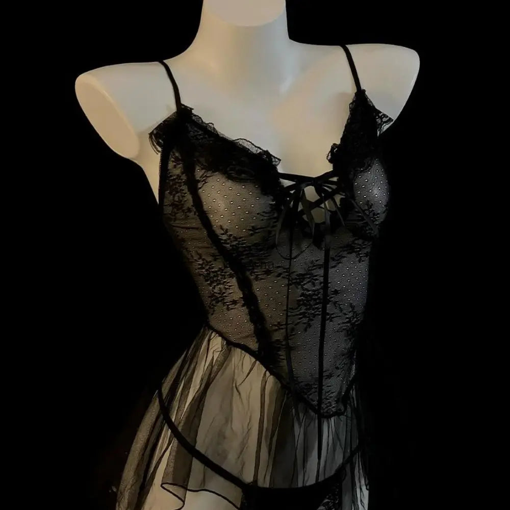 Fashion V Neck See Through Lace Nightdress Irregular Hem Flounce Sling Night Dress Lingerie Bowknot Lace Mesh Nightgown Sleep