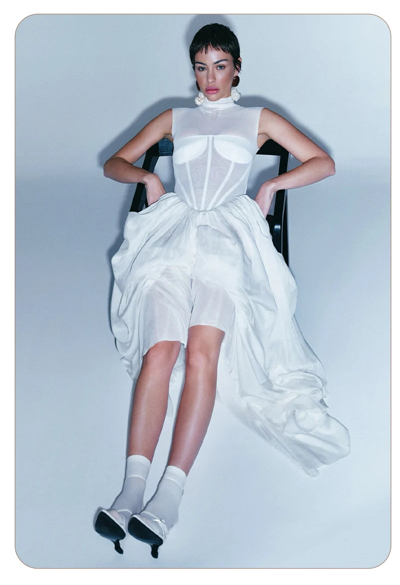 Elegant White Sheer Illusion Dress with Tulle Skirt–Temperament Sleeveless