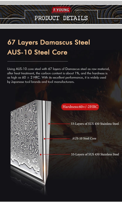 F.YOUNG 8.2" Japanese Kiritsuke Knife - 67-Layer Damascus Steel Professional Chef Knife