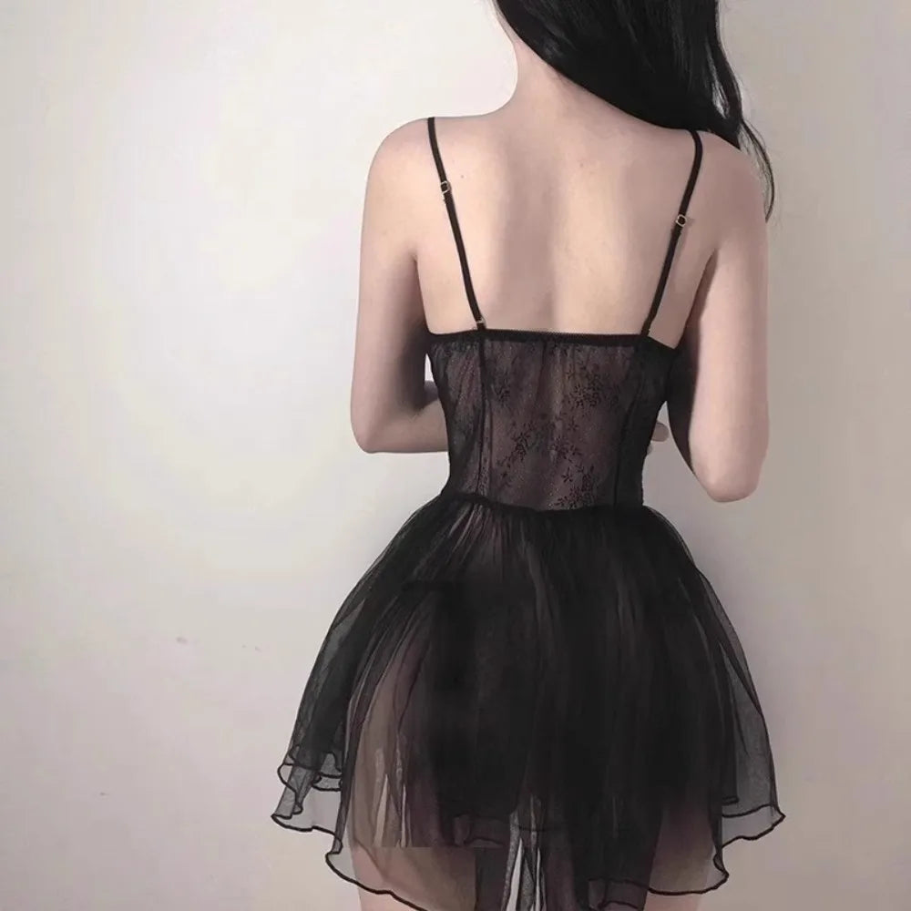 Fashion V Neck See Through Lace Nightdress Irregular Hem Flounce Sling Night Dress Lingerie Bowknot Lace Mesh Nightgown Sleep