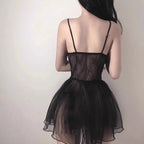 Fashion V Neck See Through Lace Nightdress Irregular Hem Flounce Sling Night Dress Lingerie Bowknot Lace Mesh Nightgown Sleep
