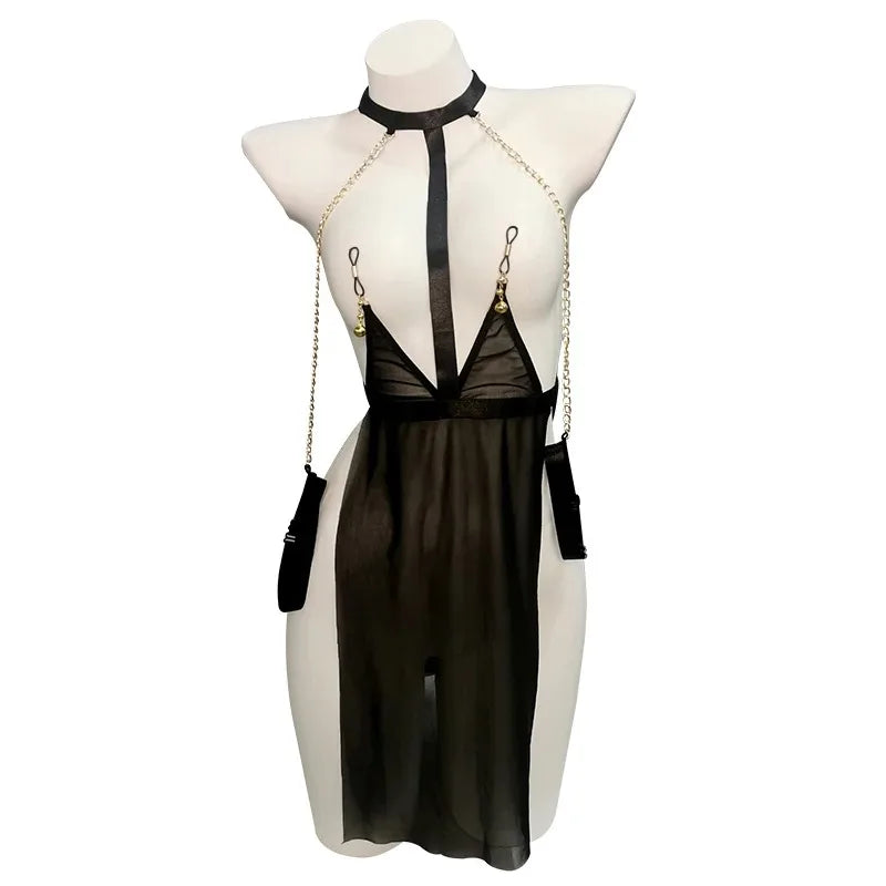See-through Erotic Lingerie Teddy Underwear Baby Doll Dress For Women Black Lace Deep V Open Crotch Porno Costumes Bodysuit 18