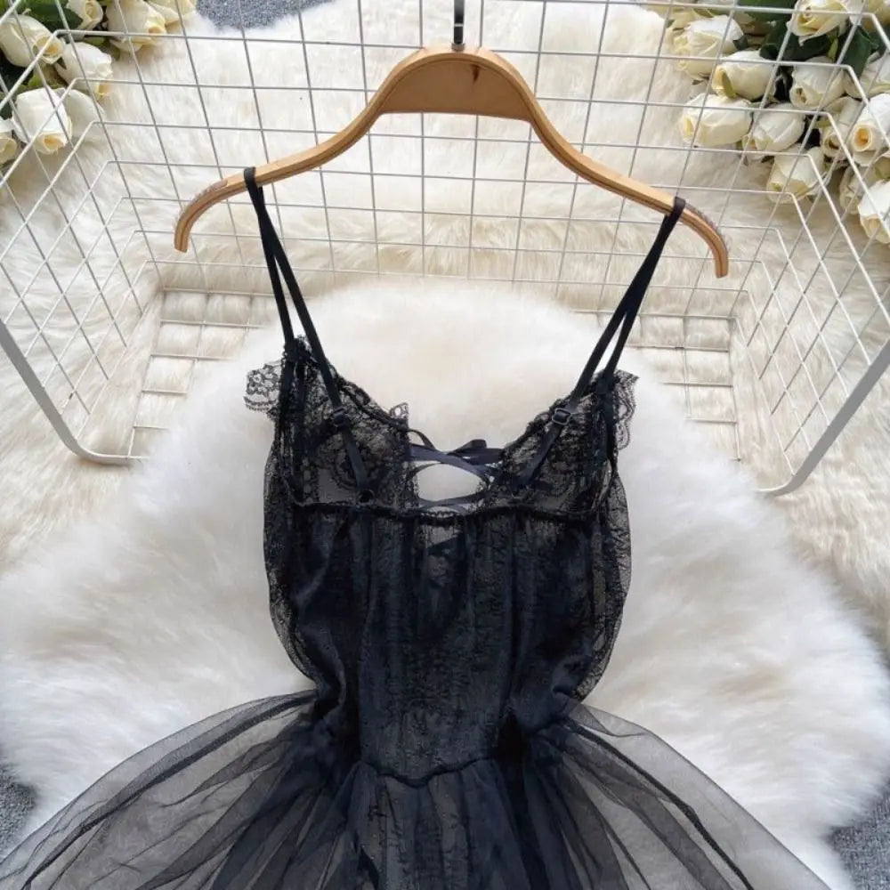 Fashion V Neck See Through Lace Nightdress Irregular Hem Flounce Sling Night Dress Lingerie Bowknot Lace Mesh Nightgown Sleep