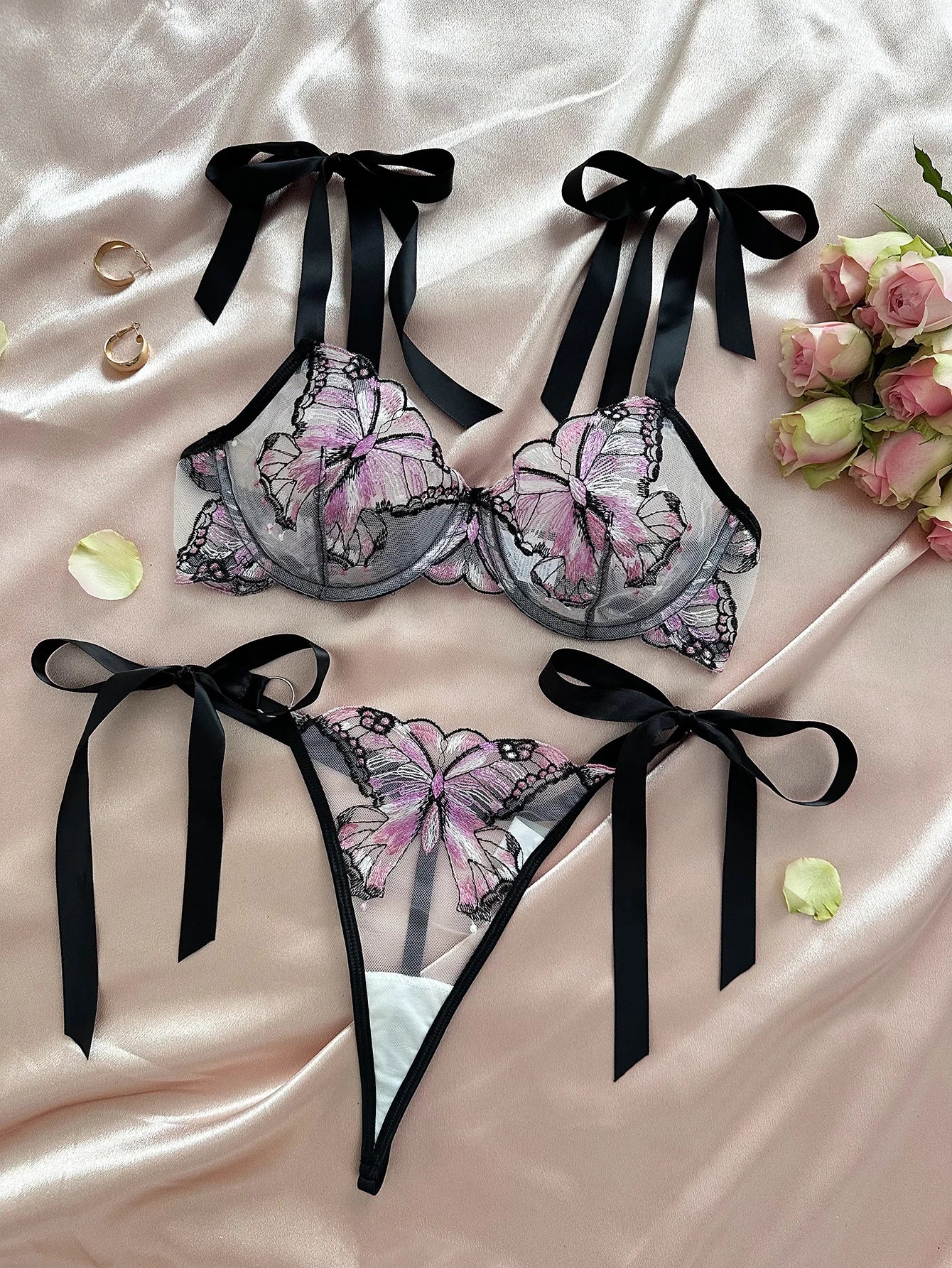 Butterfly Lingerie Set Sexy Hot Sheer Mesh Embroidery Bra & Panty