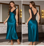 Sexy Long Chemise Nightgown Women Sleepwear Loungewear Patchwork Lace Deep V-Neck Nightdress Ice Silk Intimate Lingerie Homewear