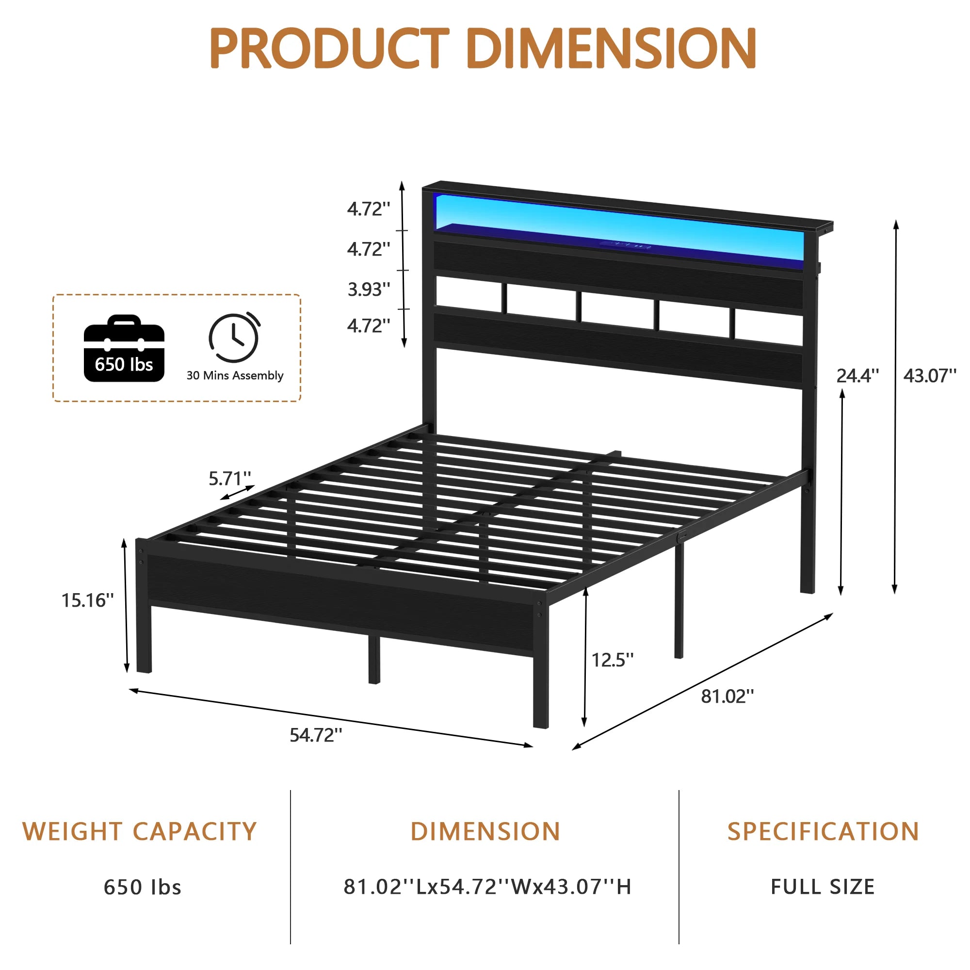 Satifur Full/Queen Size Bed Frame with LED Light and Charging Station Satifur